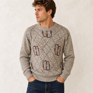 Vintage The Fox Collection Sweater Mens M Tan Knit Crewneck Textured Cozy